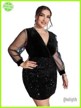 Plus Size Velvet Sequin Bodycon Mini Dress Mesh Sleeve Party